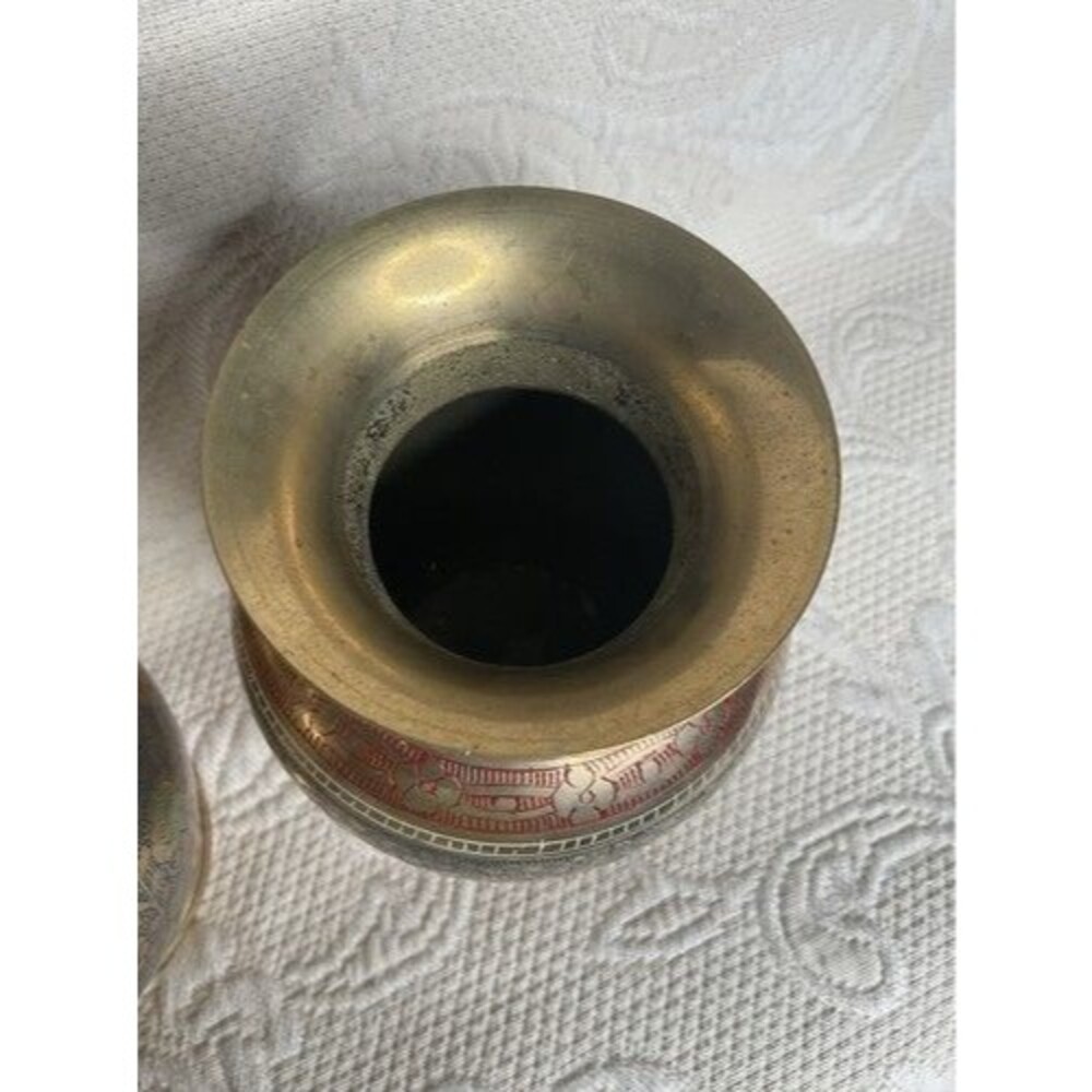 VTG Hand Engraving MultiFloral Set of 2 Mini Etched Brass Bud Vases 5” Tall Gold - Picture 8 of 14